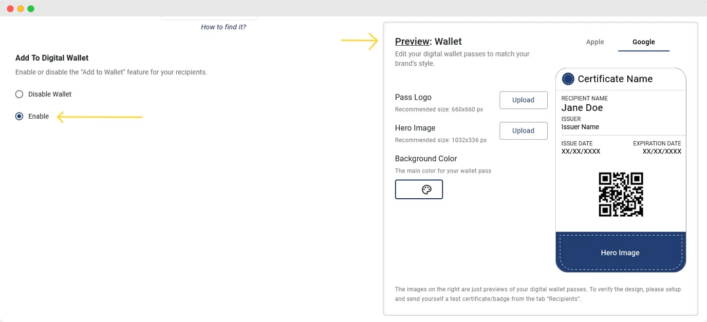 A preview of a digital wallet pass with a QR code and certificate information, showing how virtualbadge.io allows recipients to save certificates to digital wallets, optimizing the certificate process for online courses and training programs