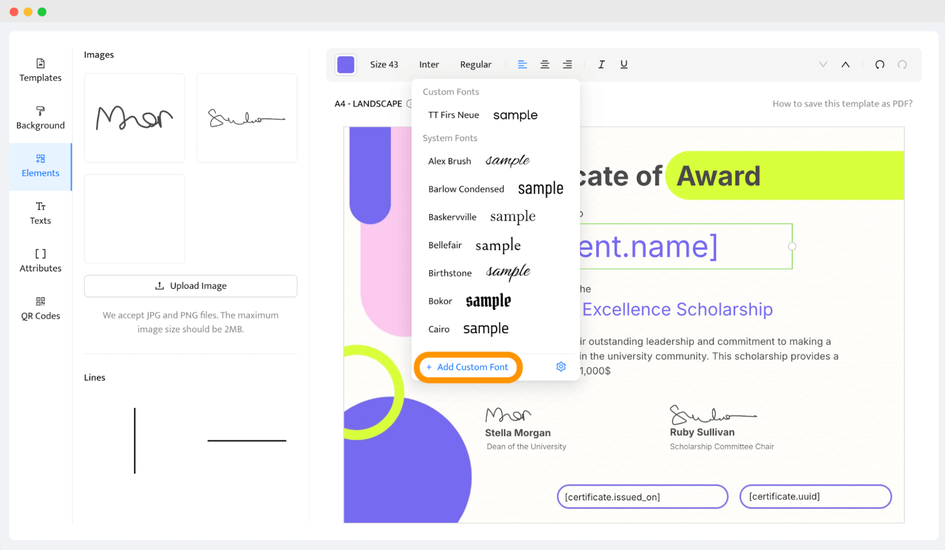 A font selection menu in an award certificate template editor, providing options to add custom fonts, emphasizing how to customize award certificate text styles.