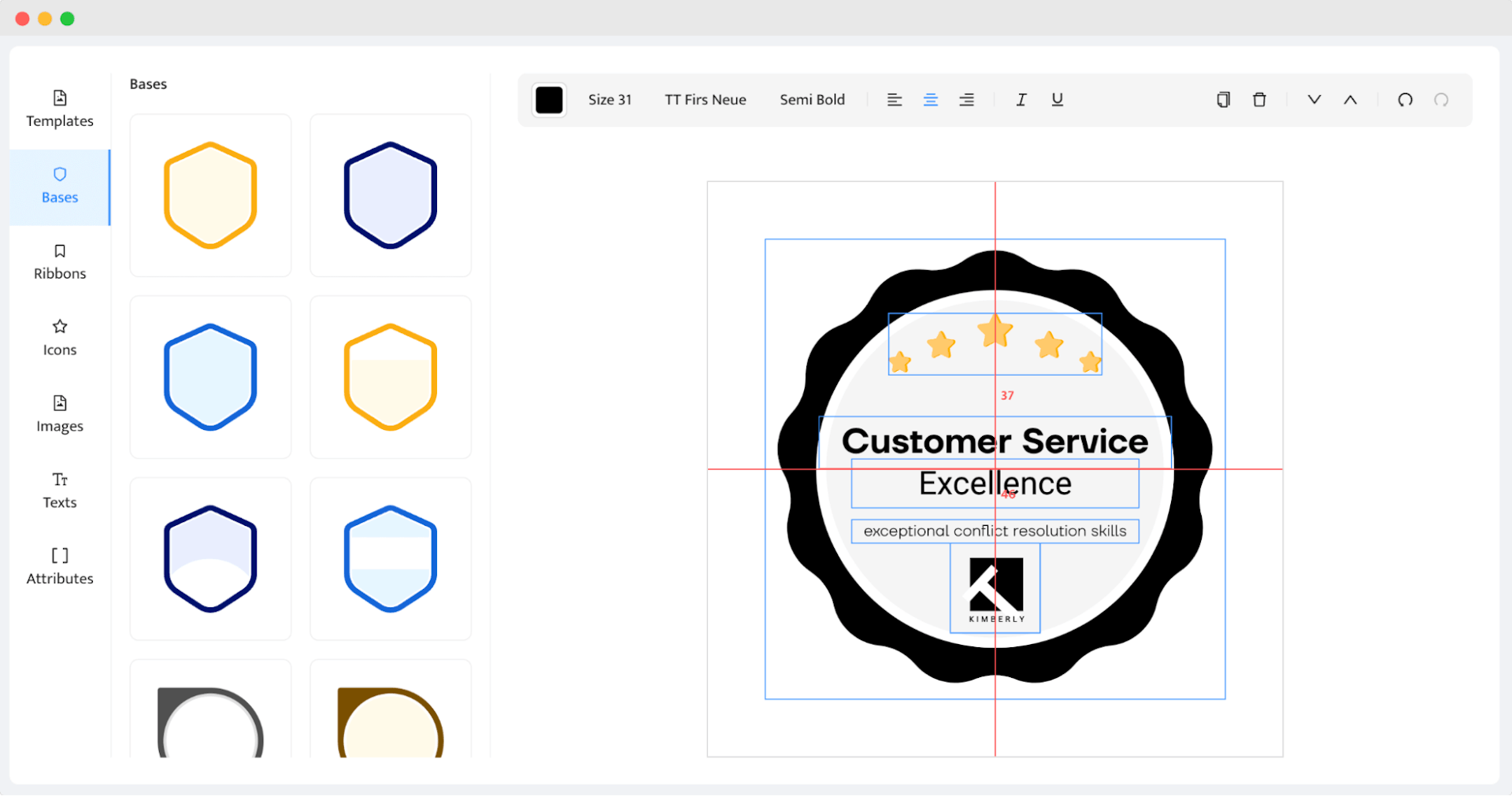 A design interface showing the creation of skills badge, emphasizing the design process for digital badges for employee skills in customer service.