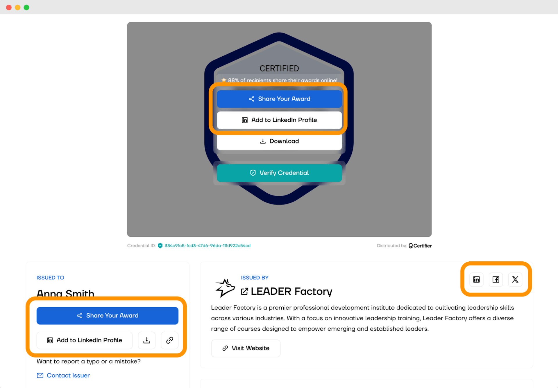 Certifier digital wallet options to share the award on LinkedIn, highlighting the recognition of leadership skills badges.