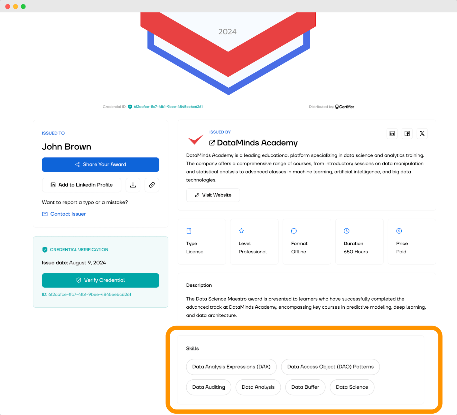 A digital wallet with various skills related to data analysis, representing professional digital badges for leadership skills and data science expertise.