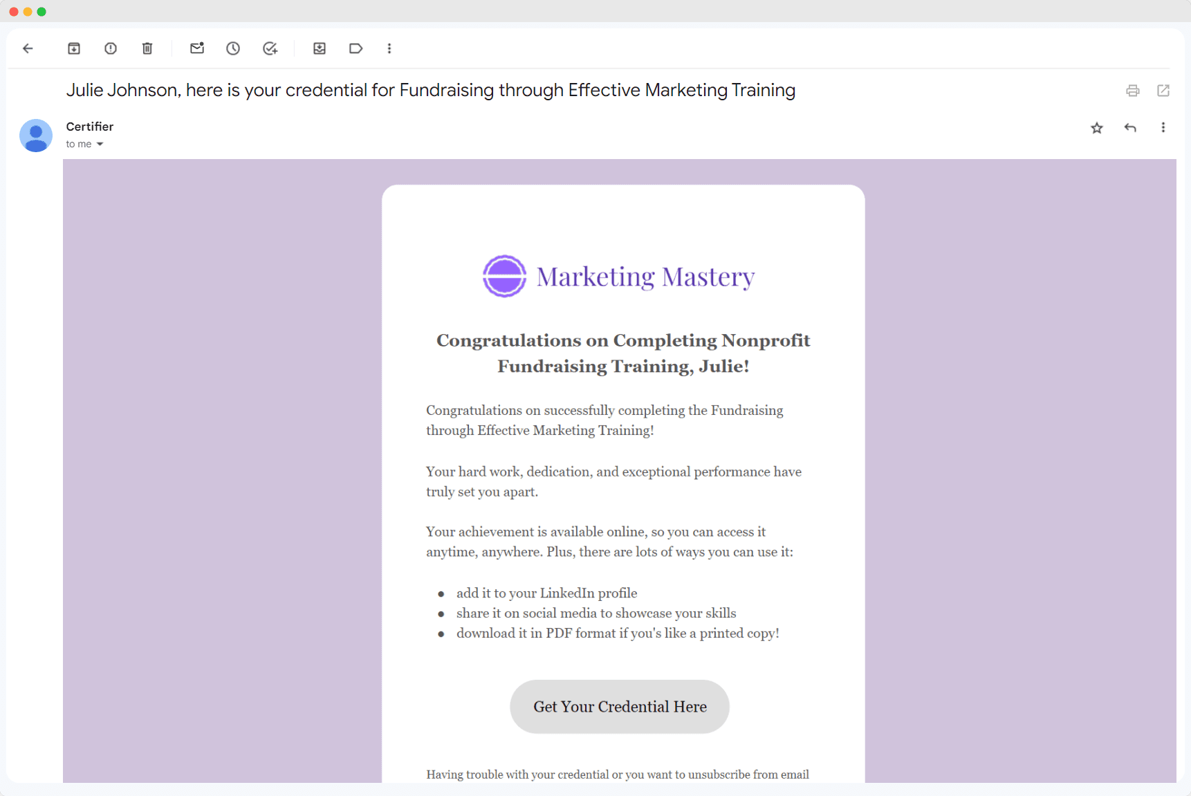 A custom, branded email that was generated in Certifier. 