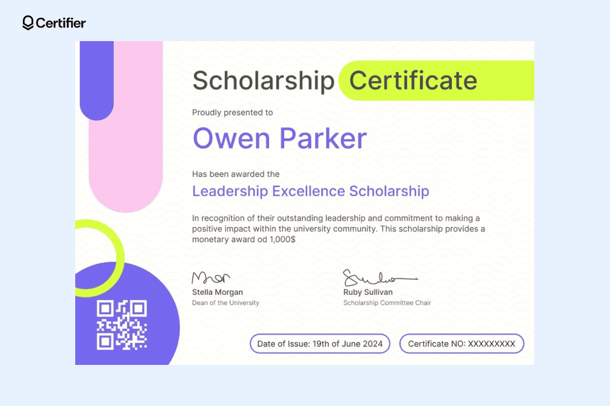 A brightly colored scholarship certificate example awarded to Owen Parker for Leadership Excellence, featuring signatures and a QR code.