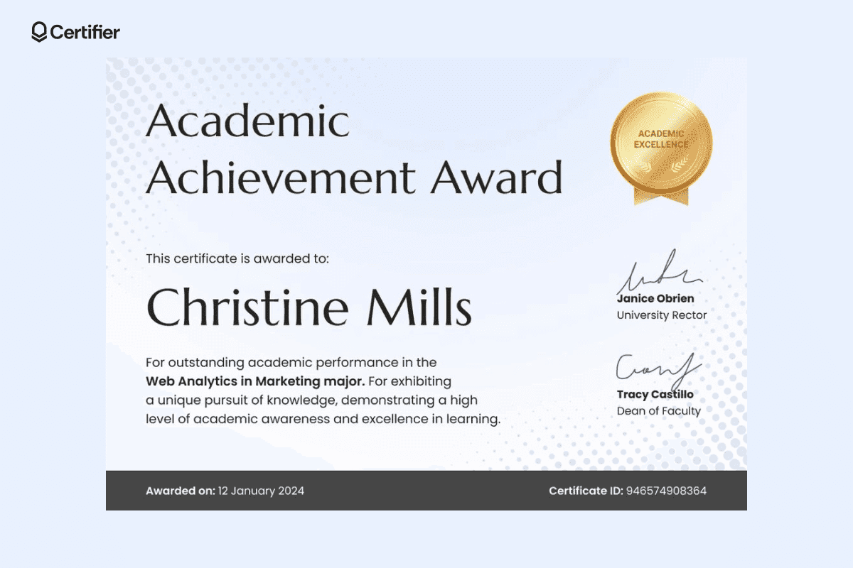 A certificate of achievement example awarded to Christine Mills for outstanding performance in Web Analytics in Marketing, with official signatures and a gold seal.