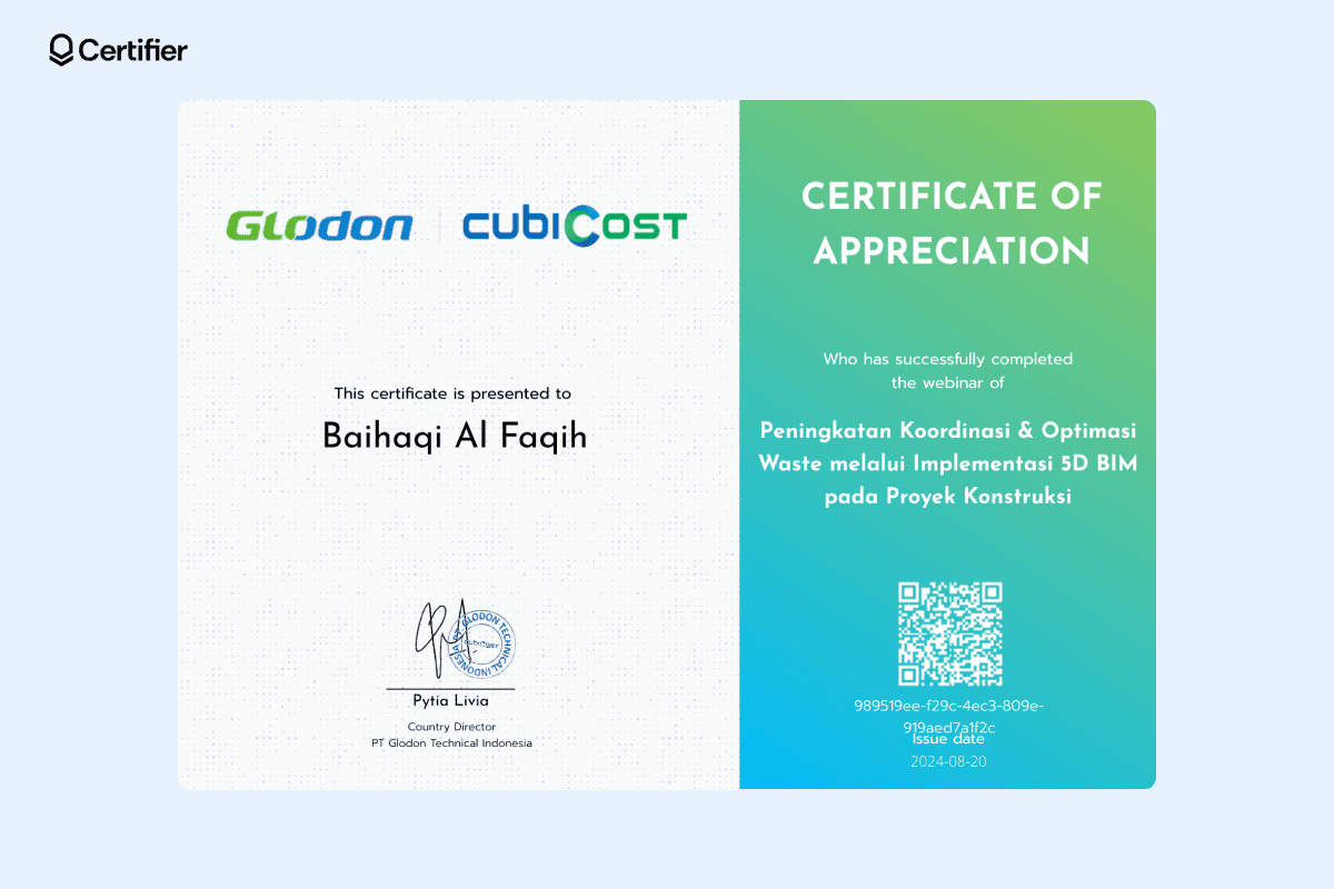 A certificate of appreciation example presented to Baihaqi Al Faqih for completing a webinar on 5D BIM project coordination and optimization.