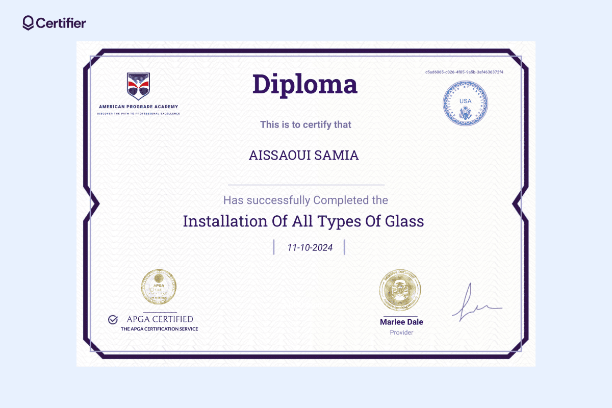 A diploma example awarded to Aissaoui Samia for completing the Installation of All Types of Glass, with official seals and a signature.