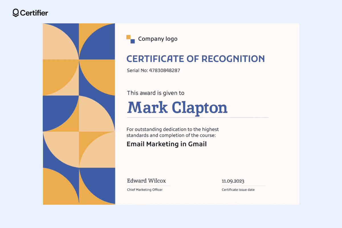 A certificate of recognition example awarded to Mark Clapton for completing a course on email marketing in Gmail.