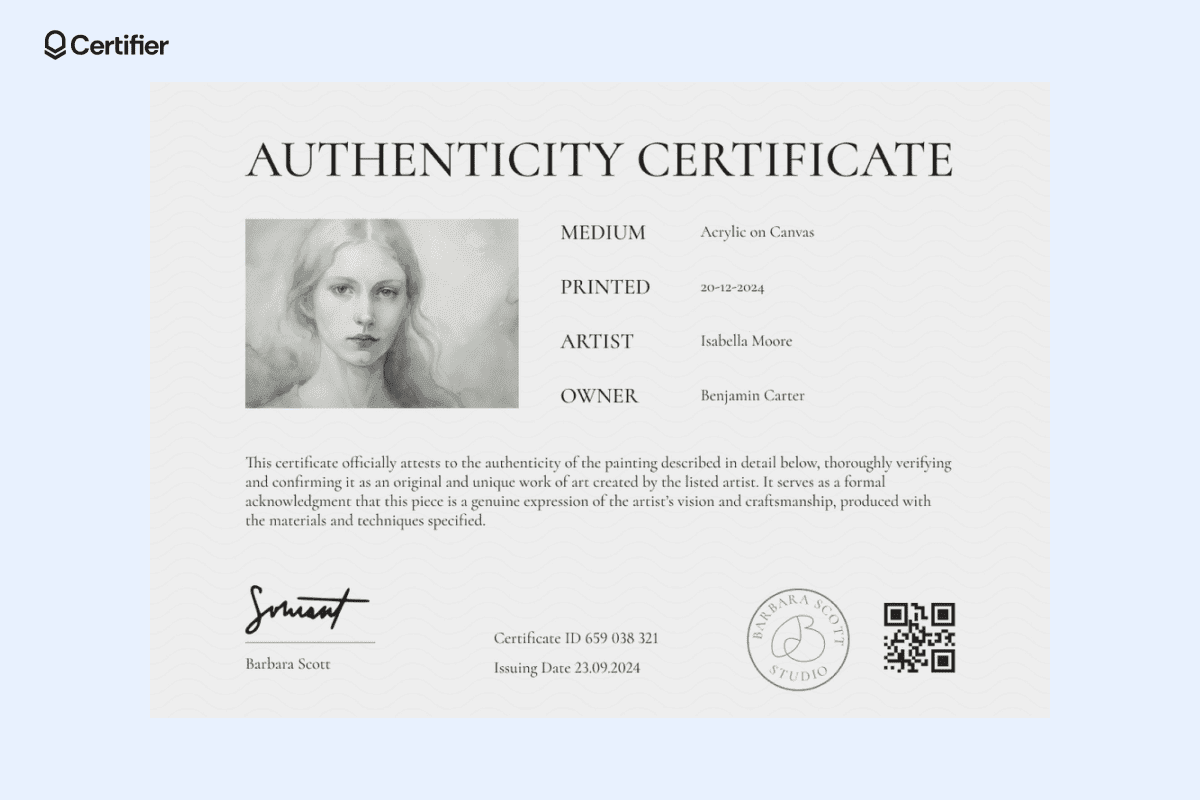 A certificate of authenticity example verifying the artwork of Isabella Moore, owned by Benjamin Carter, printed on acrylic canvas.