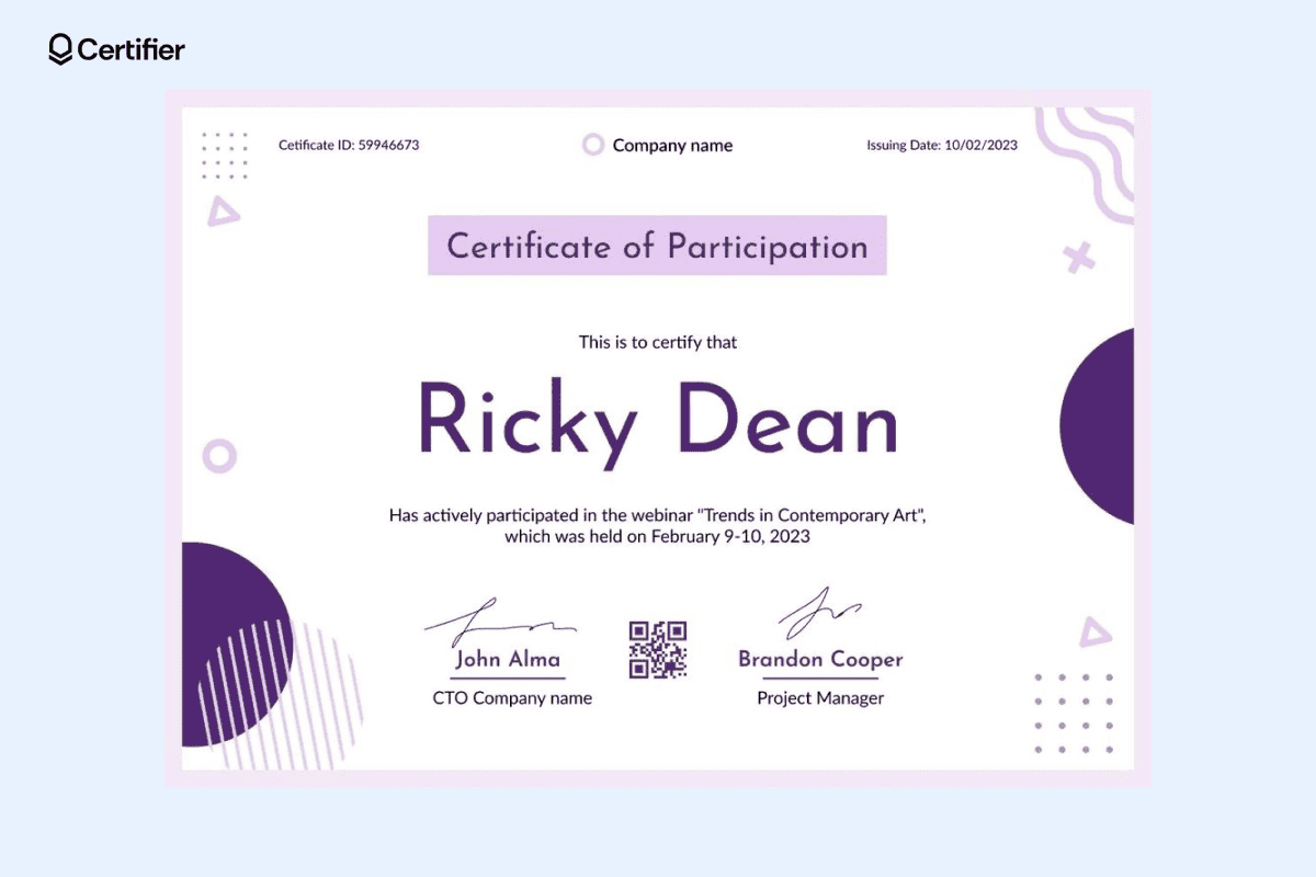 A participation certificate example awarded to Ricky Dean for engaging in the webinar 