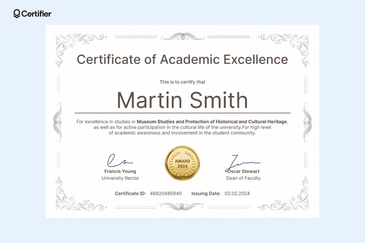 A certificate of academic excellence example awarded to Martin Smith for his studies in Museum Studies and active participation at the university.