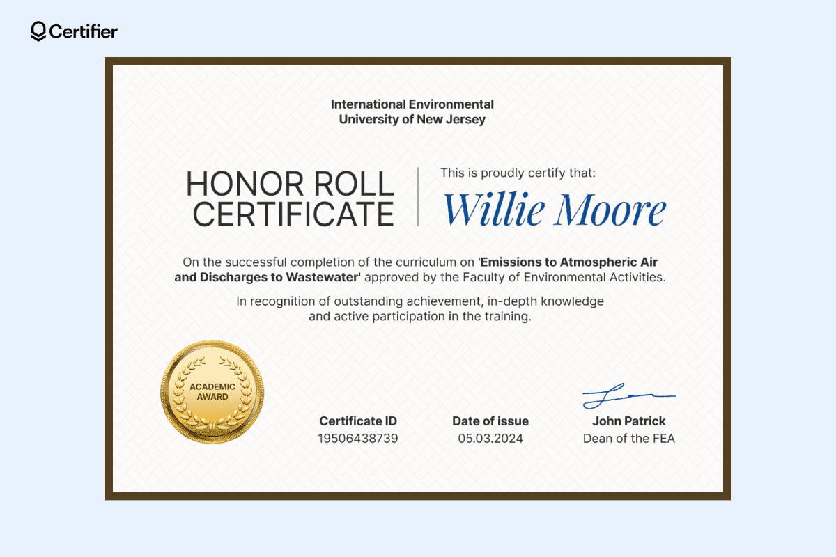 An honor roll certificate example awarded to Willie Moore for completing the environmental curriculum on Emissions and Wastewater Discharges.