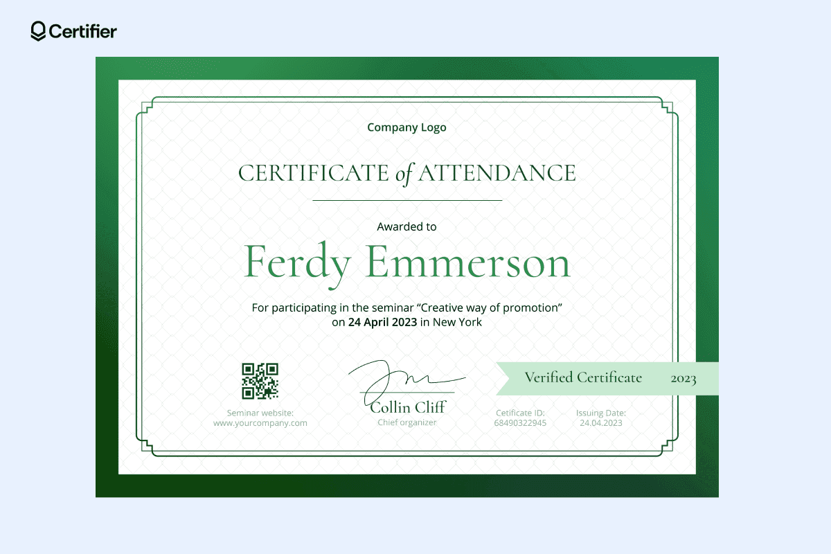 Green certificate of attendance example awarded to Ferdy Emmerson for participating in a seminar, showcasing professional design.