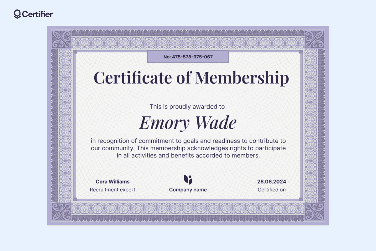 Elegant purple certificate of membership example awarded to Emory Wade, highlighting membership in a community.