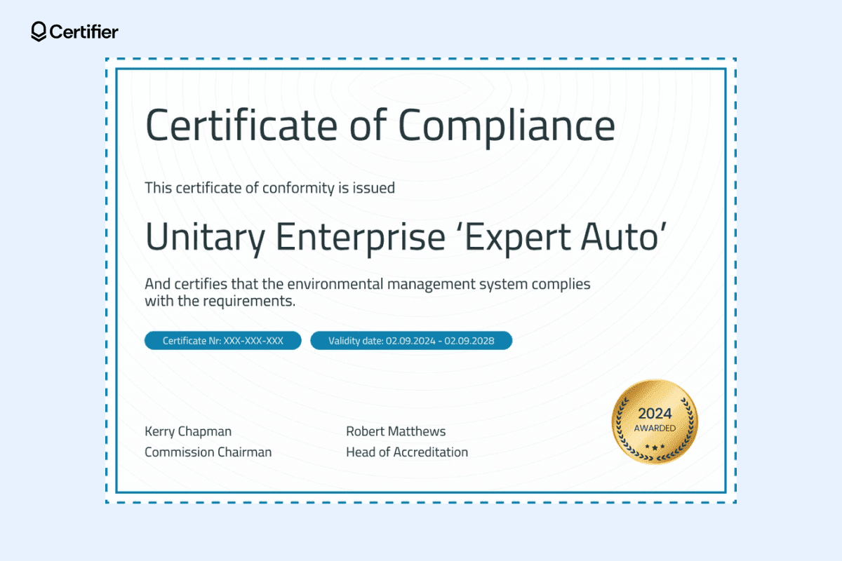 Blue bordered certificate of compliance example issued to Unitary Enterprise 'Expert Auto' for environmental management system compliance, featuring a modern style.