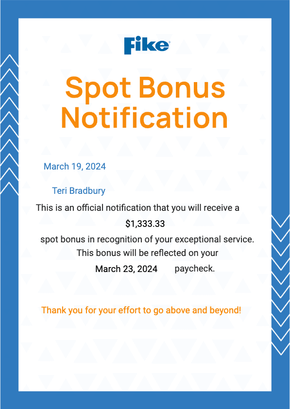 Fike – Spot Bonus Notification