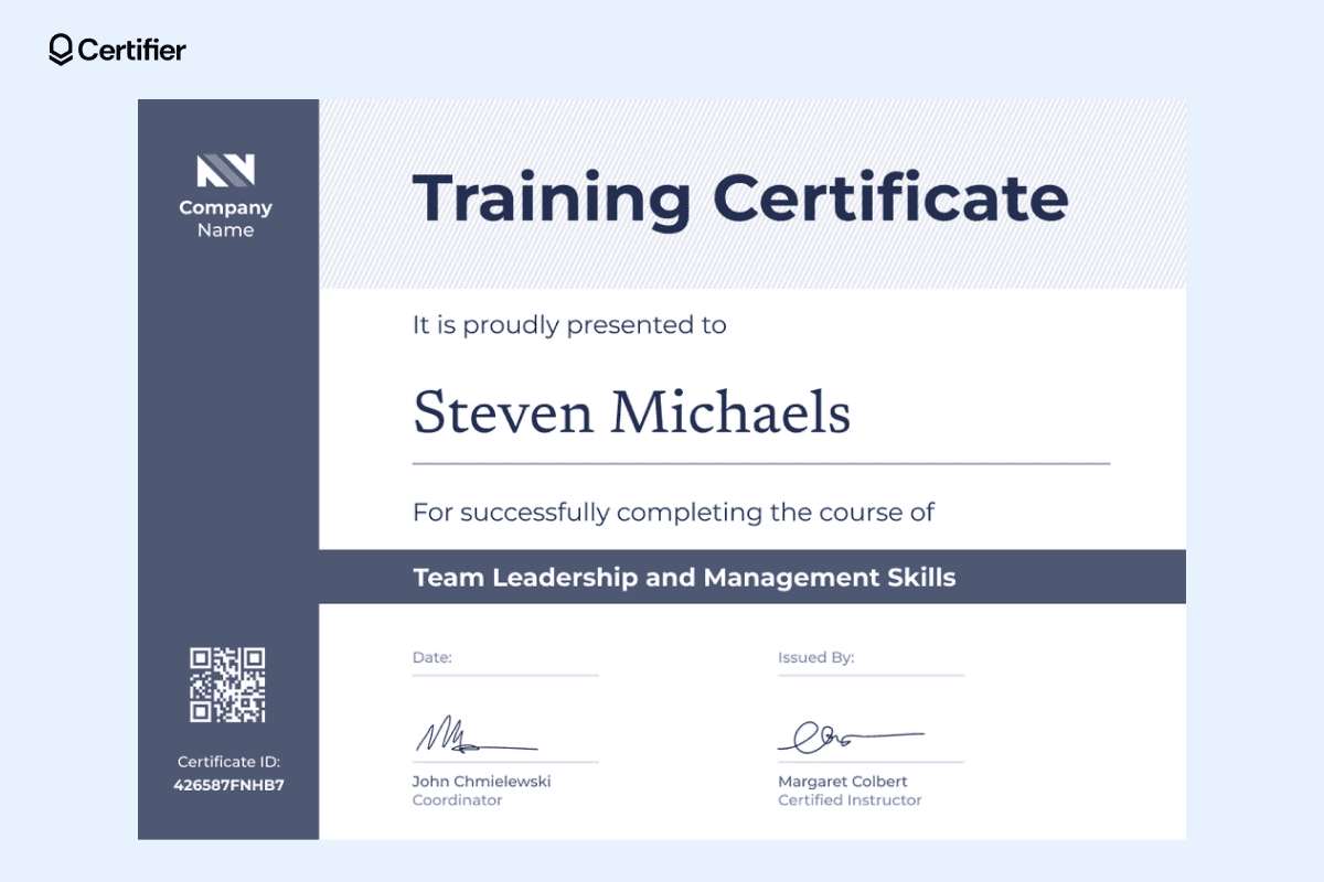 A training certificate template design with a bold navy left panel and a modern look, suitable for team leadership and management courses.