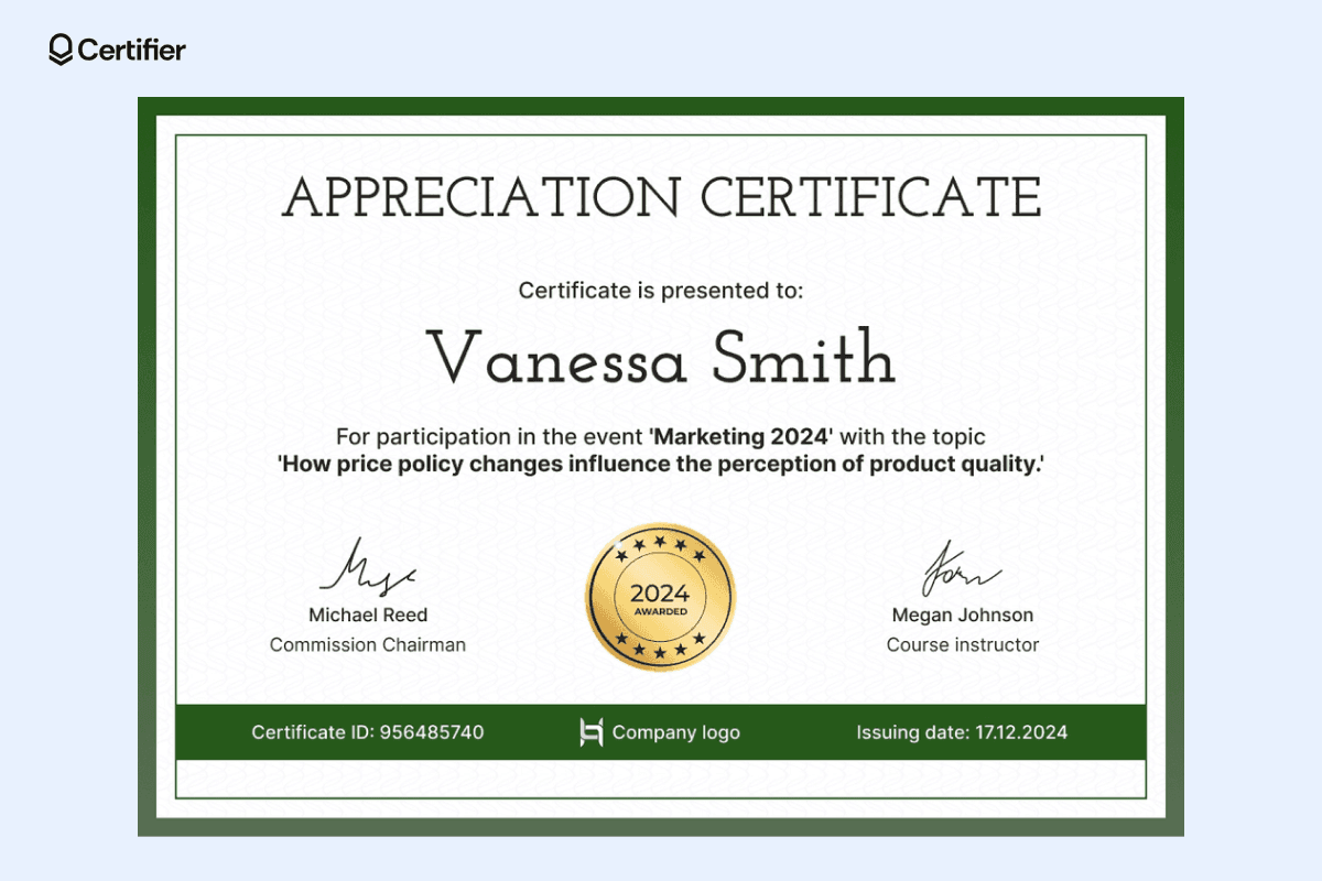 A green-bordered appreciation certificate with bold typography, showcasing elegant certificate design templates suitable for professional achievements.