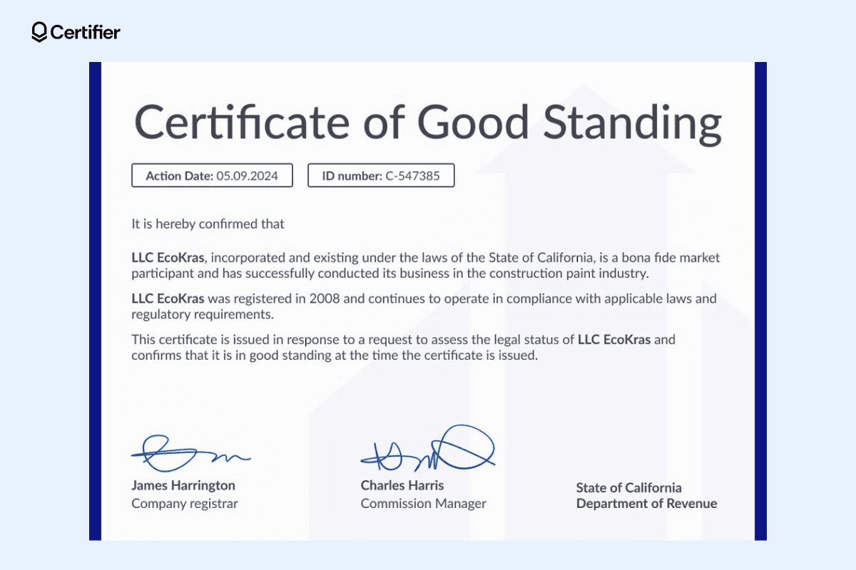 A professional certificate of good standing, highlighted by navy accents and large, clear typography, representing one of the best certificate designs for corporate use.