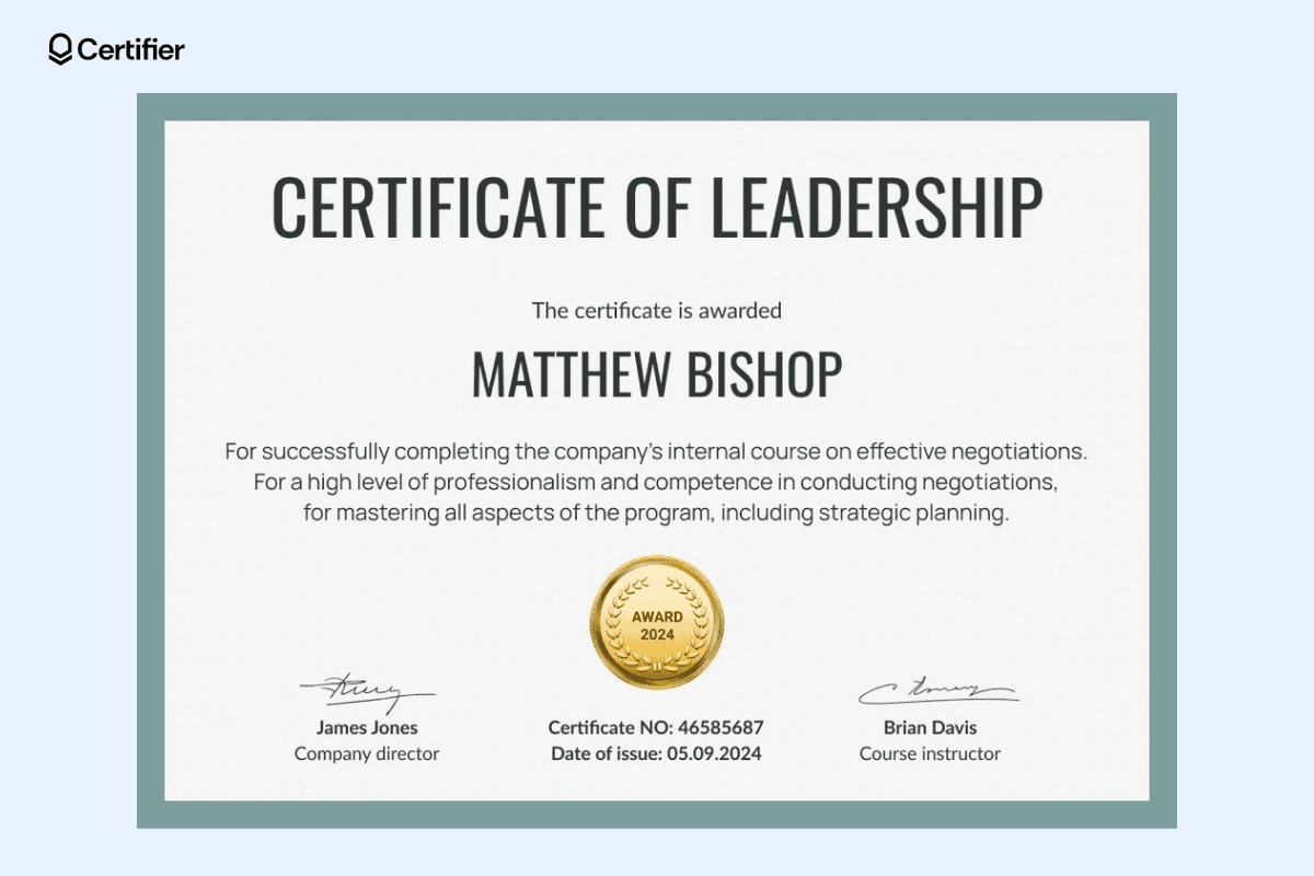 This leadership certificate features a subtle green frame with a gold award badge, exemplifying professional certificate design ideas for corporate training.