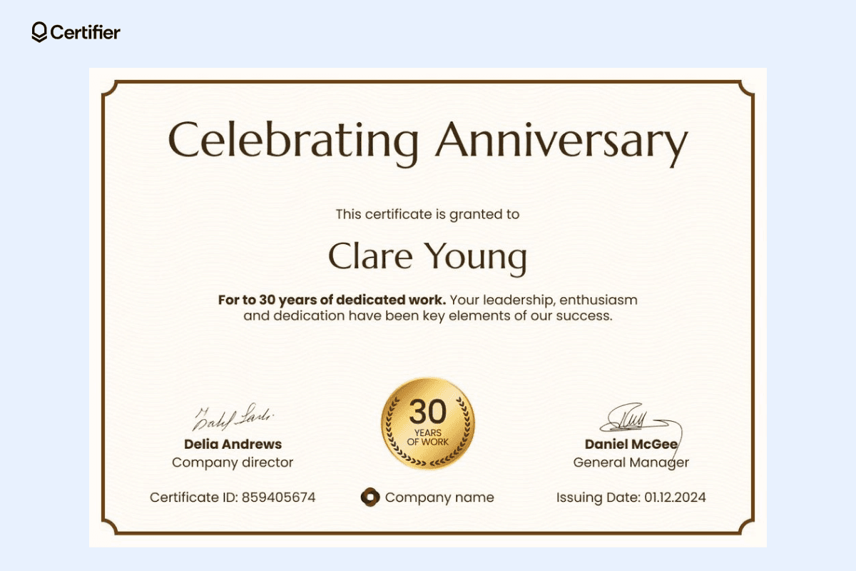 A simple, elegant certificate celebrating a work anniversary with a brown frame and classic layout, embodying timeless certificate template design.