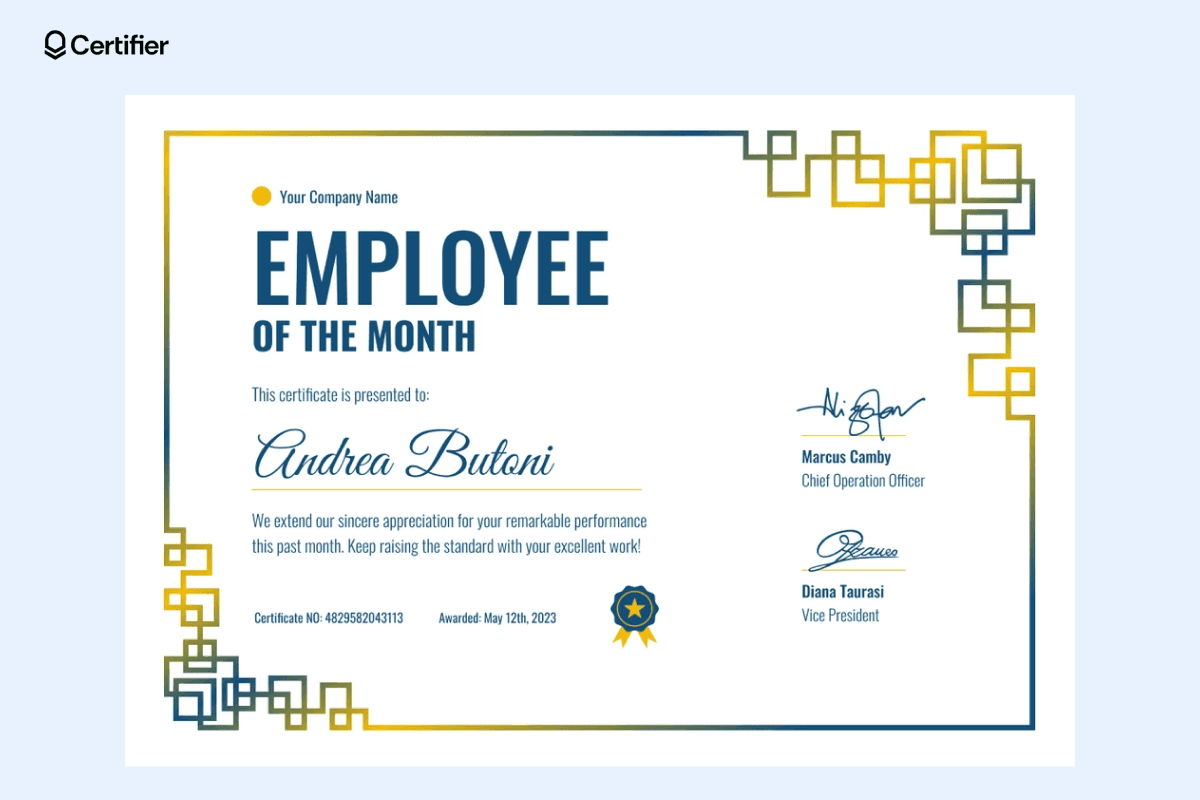 A blue and gold employee of the month certificate design with modern geometric patterns, representing creative certificate design ideas for workplace recognition.