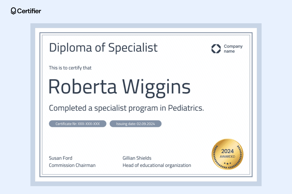 A specialist diploma in pediatrics with a light gray border and a gold badge, offering a professional certificate design template for medical qualifications.