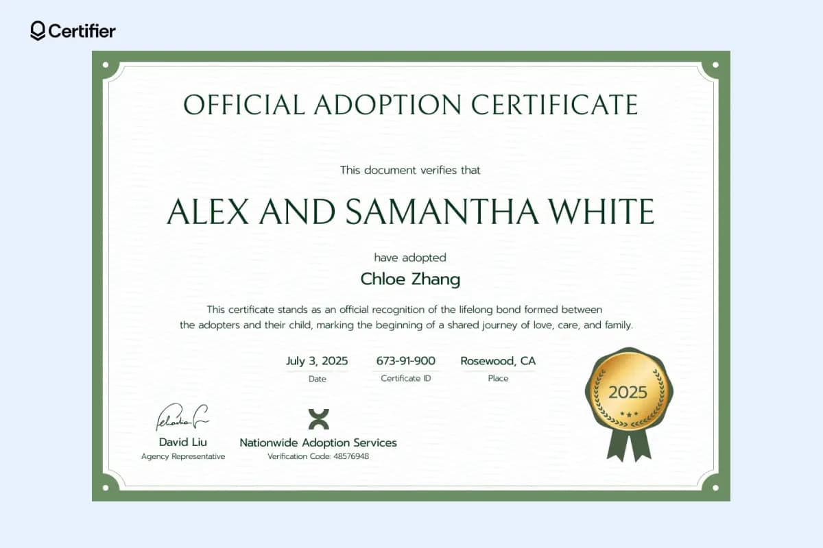 A sleek and modern adoption certificate Word template confirming a child's adoption, including adoptive parents' names and an official seal, ideal as a certificate of adoption template free.