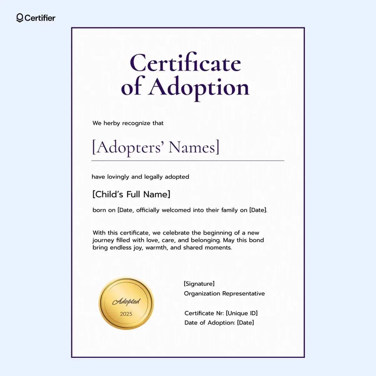 A purple-themed adoption certificate template Word featuring a gold adoption seal, designed as a template adoption certificate template for commemorating official adoptions.