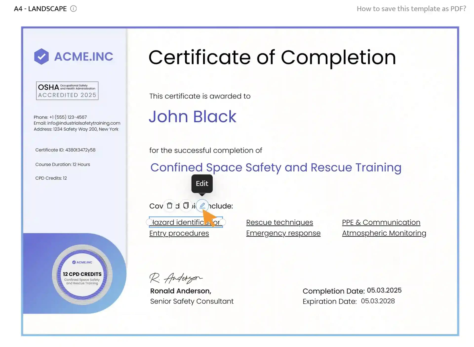 Editing the text fields of a confined space entry training certificate.