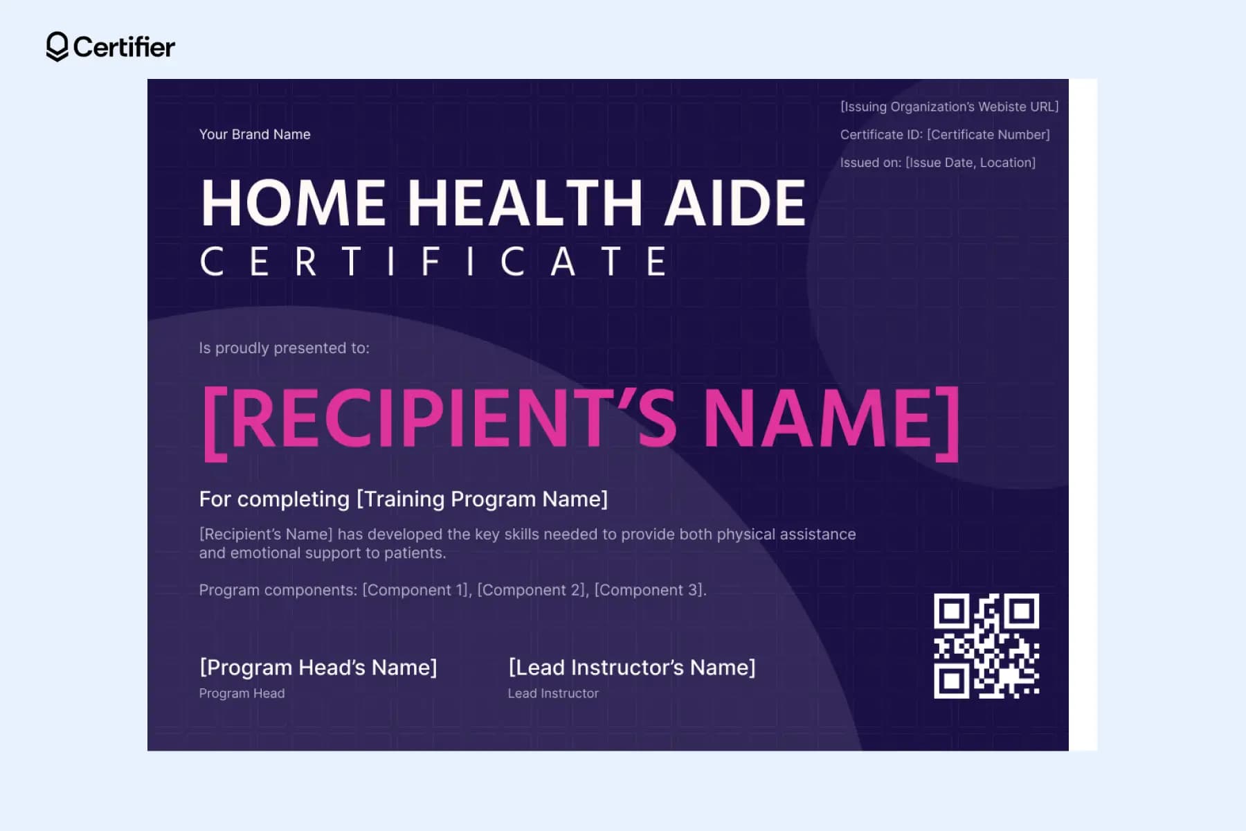 PDF home health aide certificate template with a modern design, editable fields and certification details.