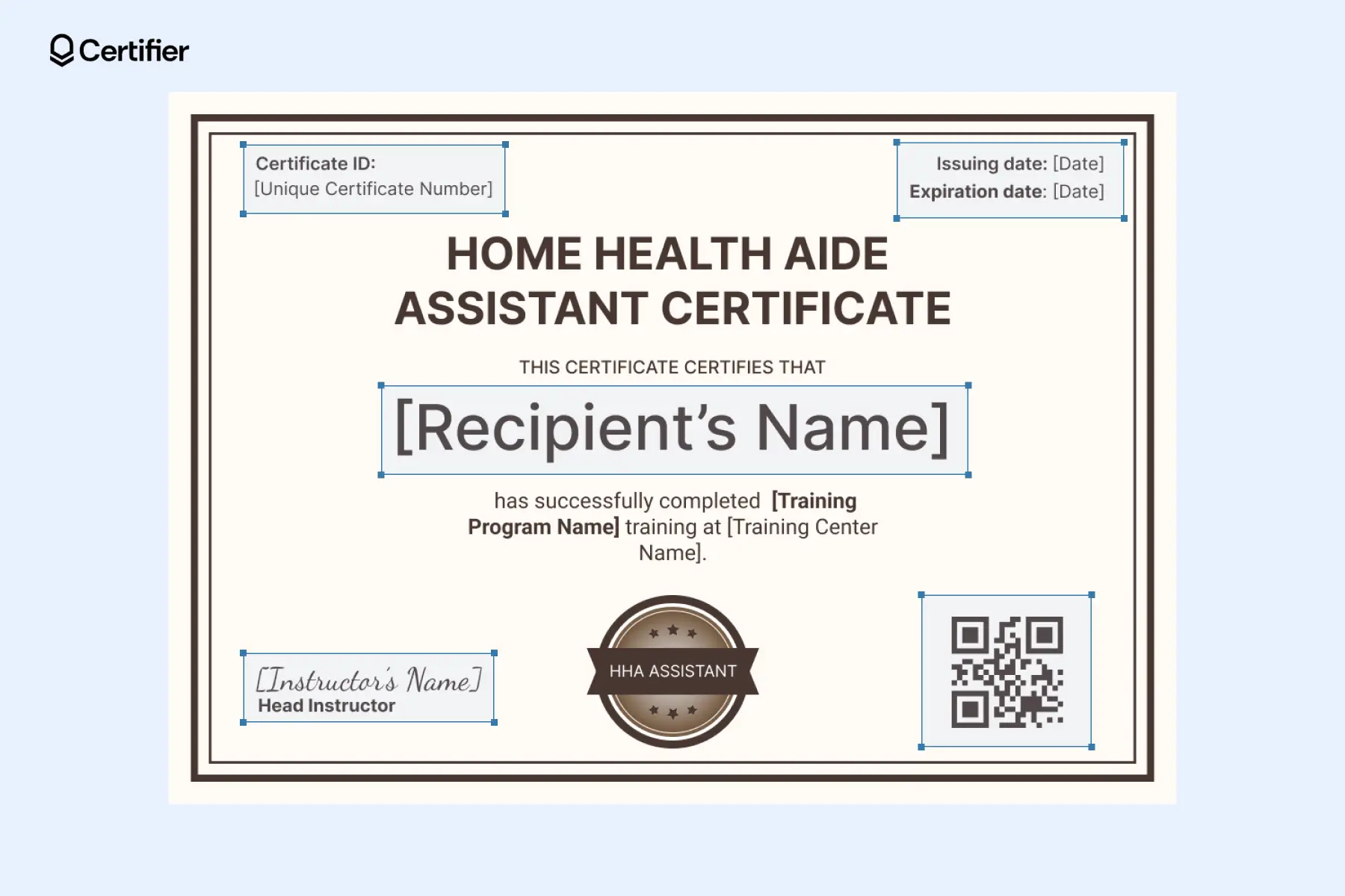 Printable home health aide certificate template with a classic design, editable fields and verification options.