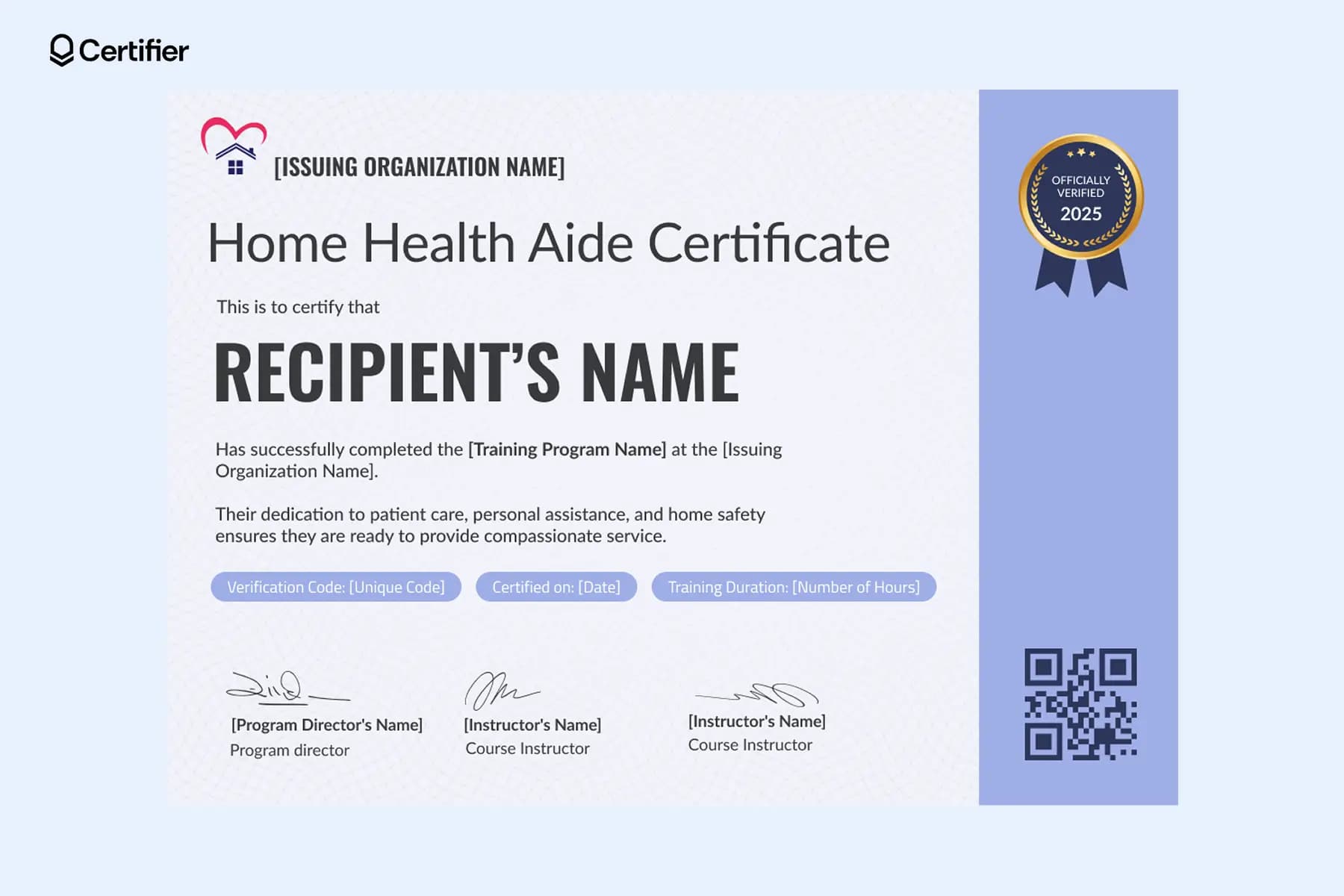 Home health aide certification template with an elegant design and editable recipient fields.