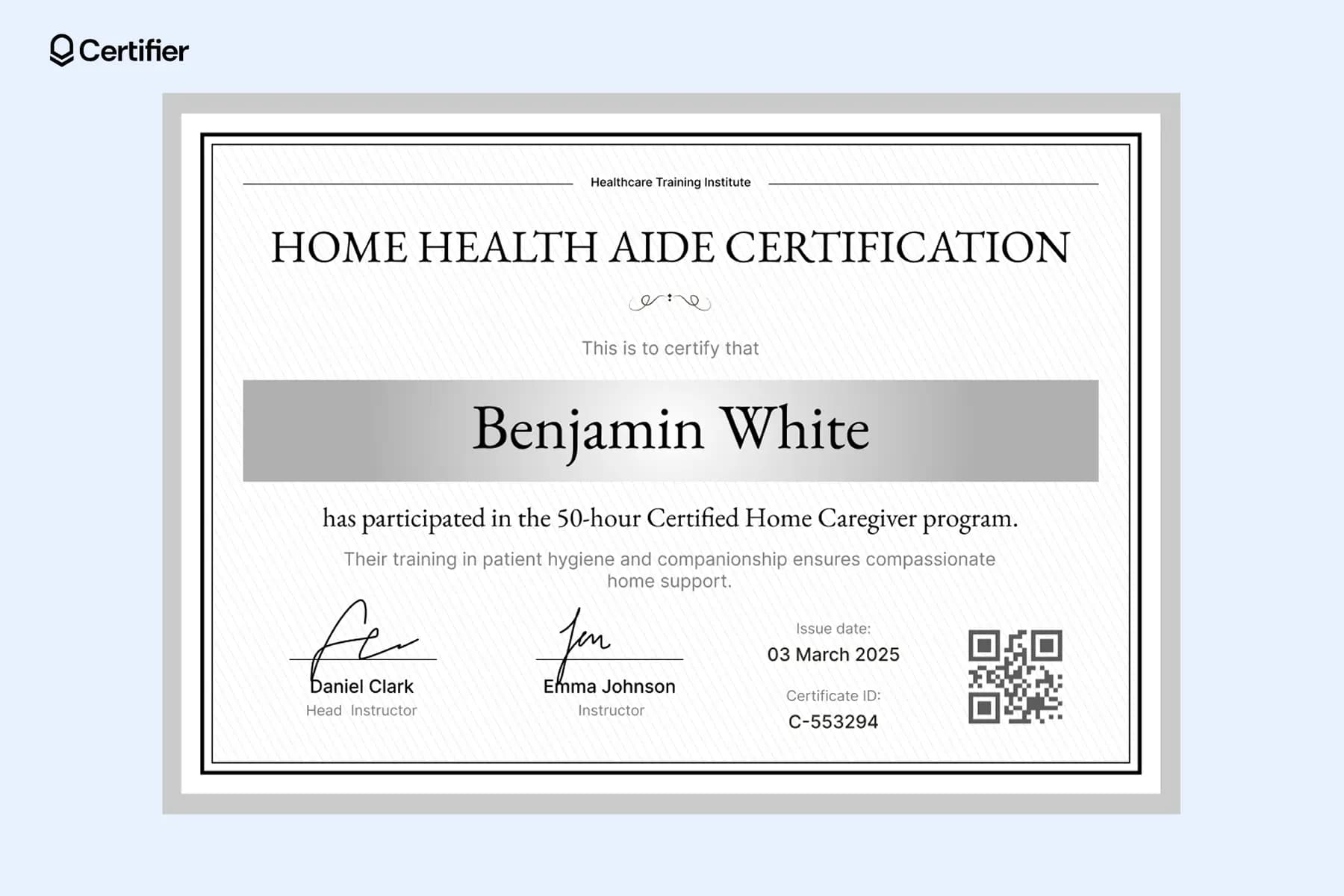 Home health aide certificate template with a minimalist format and editable certification details.