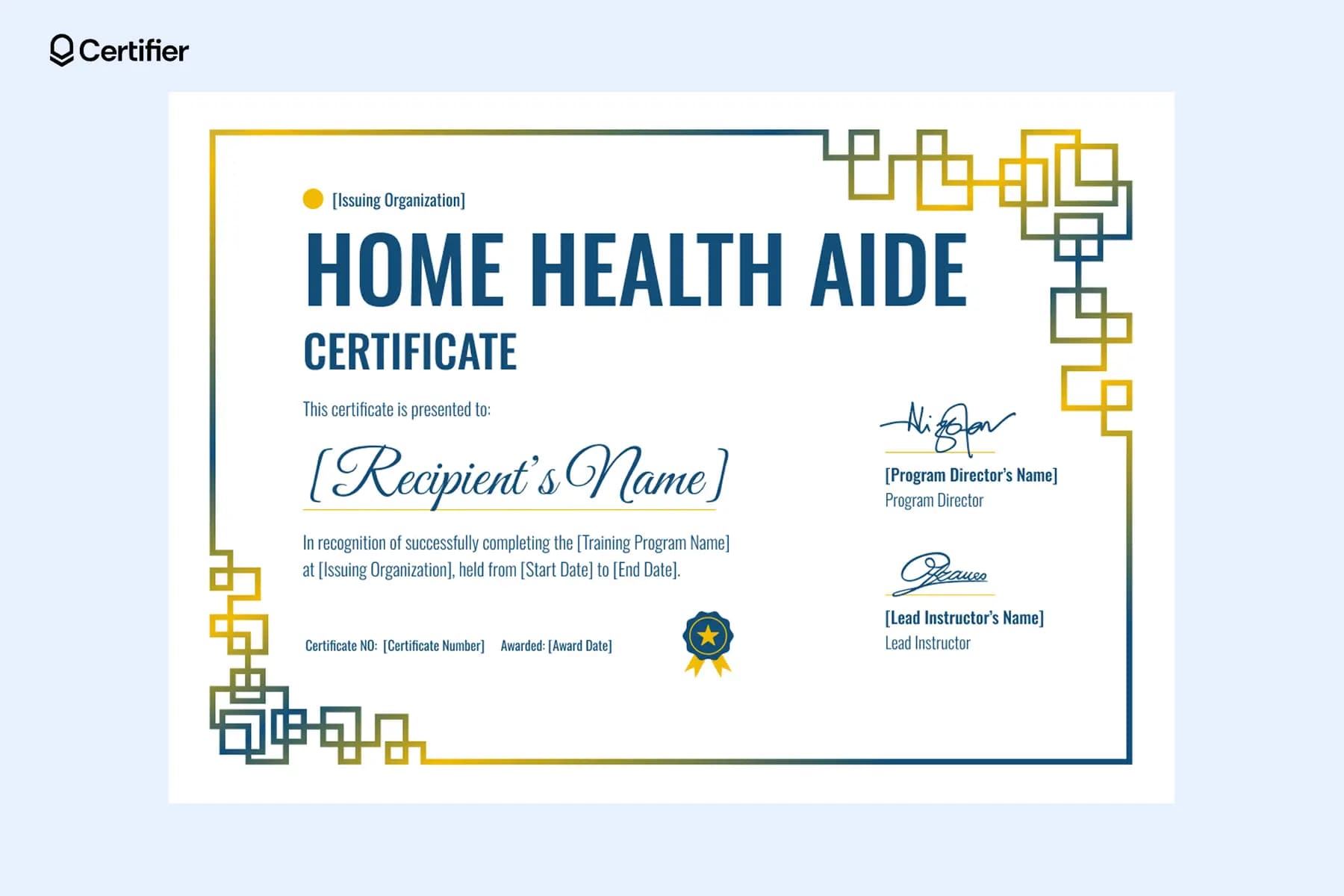 Home health aide certificate template with geometric accents and space for digital signatures.