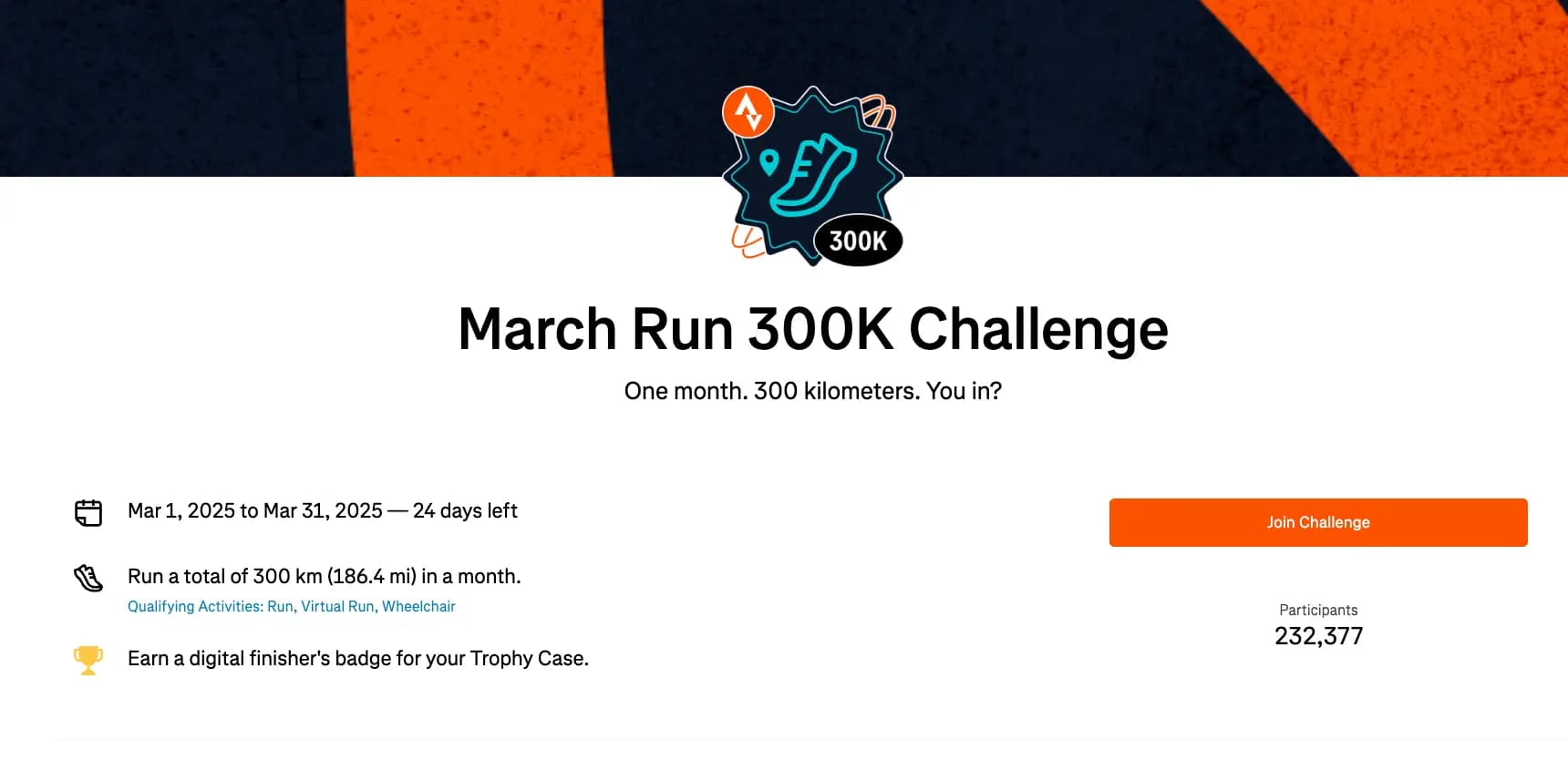 Strava’s virtual merit badge earned by completing a 300K running challenge.