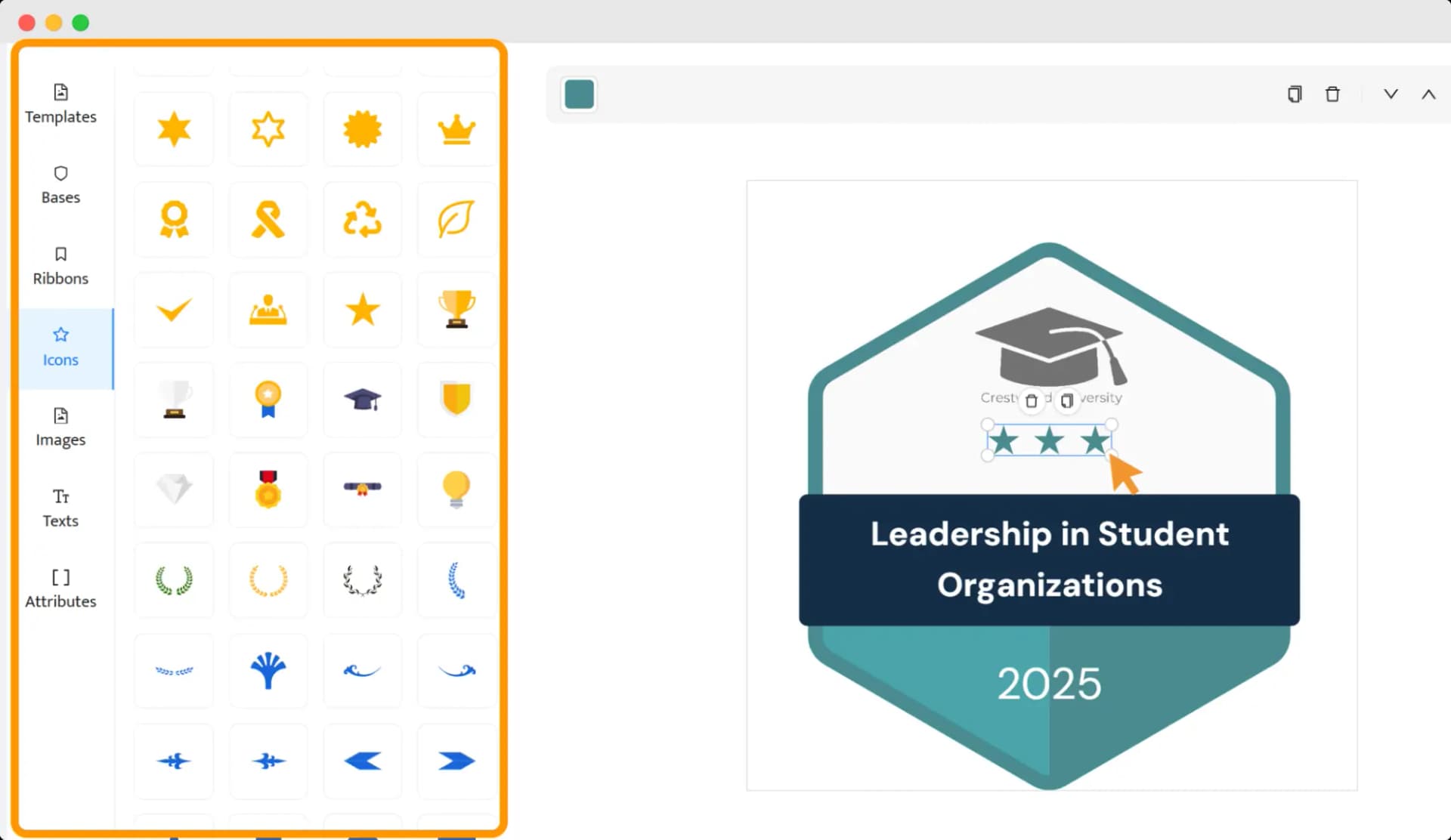 A virtual merit badge designed for students in leadership roles, edited in Certifier, a virtual badge app.