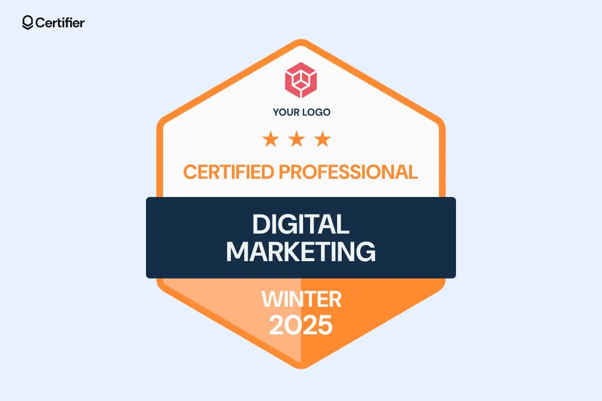 A modern virtual merit badge recognizing expertise in digital marketing.