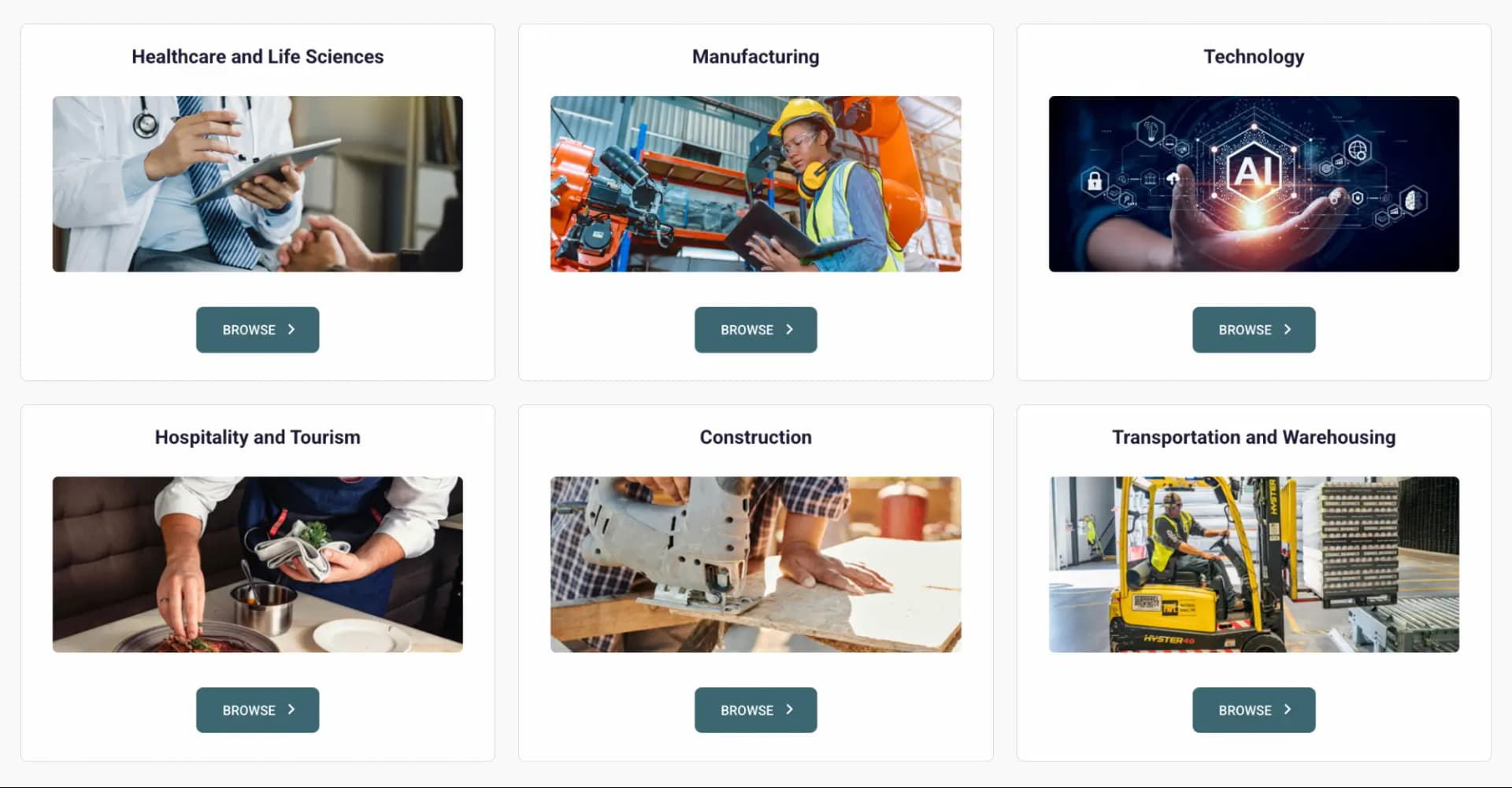 Six industry categories where microcredentials are commonly used: healthcare and life sciences, manufacturing, technology, hospitality and tourism, construction and transportation and Warehousing.