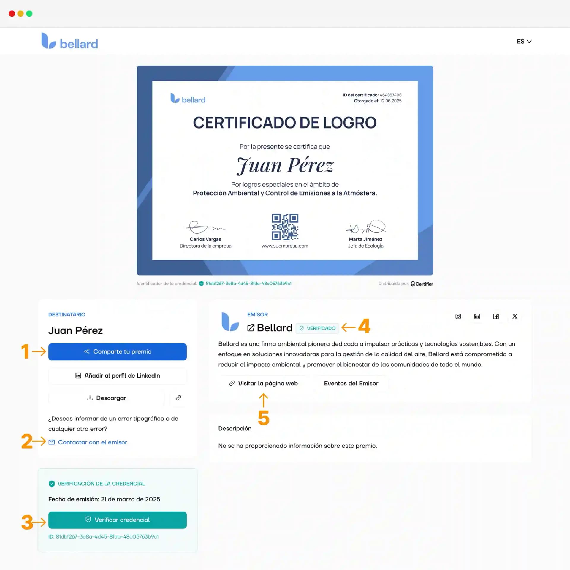 Una vista detallada de una billetera digital con un ejemplo de certificado digital y funciones como la verificación con un clic, que muestra cómo hacer un certificado digital seguro y personalizado.