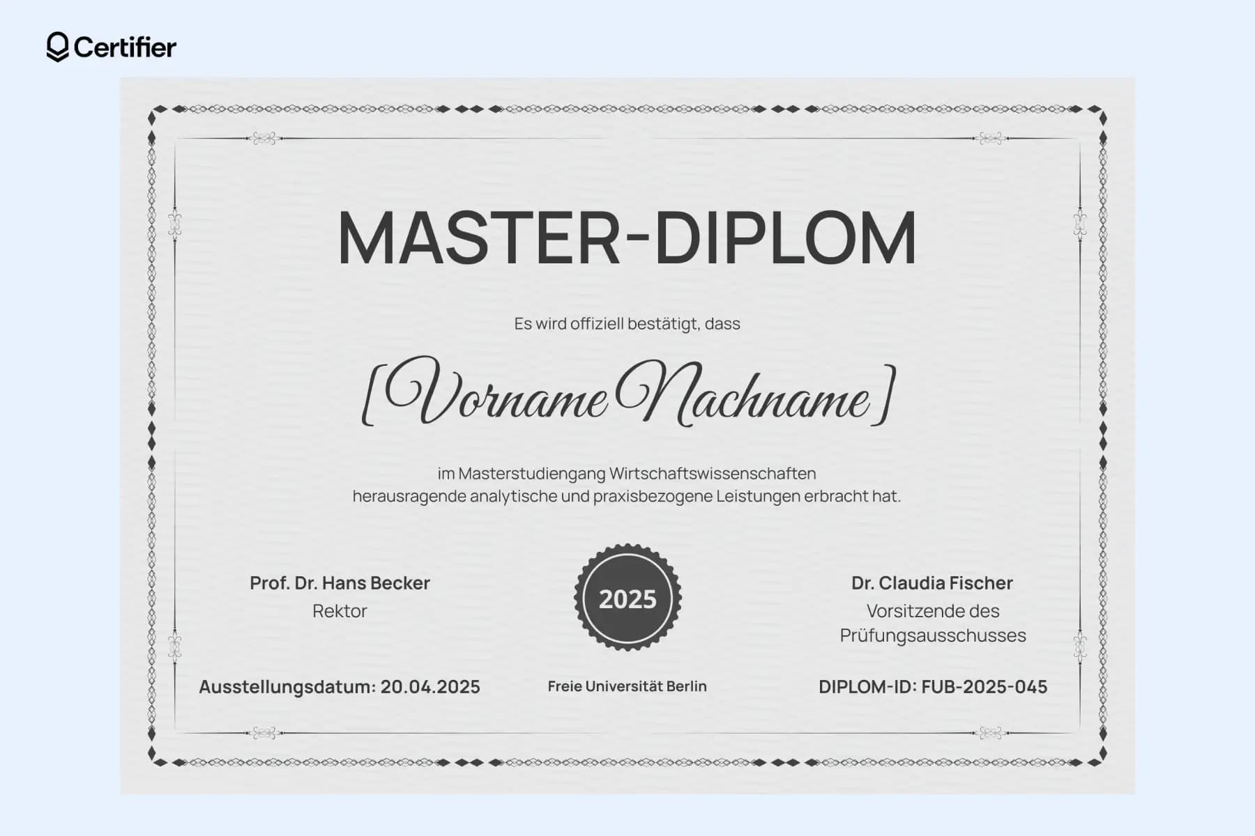 Eine Diplom Vorlage PDF für einen Masterabschluss in Wirtschaftswissenschaften, mit modernem Design und einem goldenen Siegel als Symbol für exzellente Leistungen.