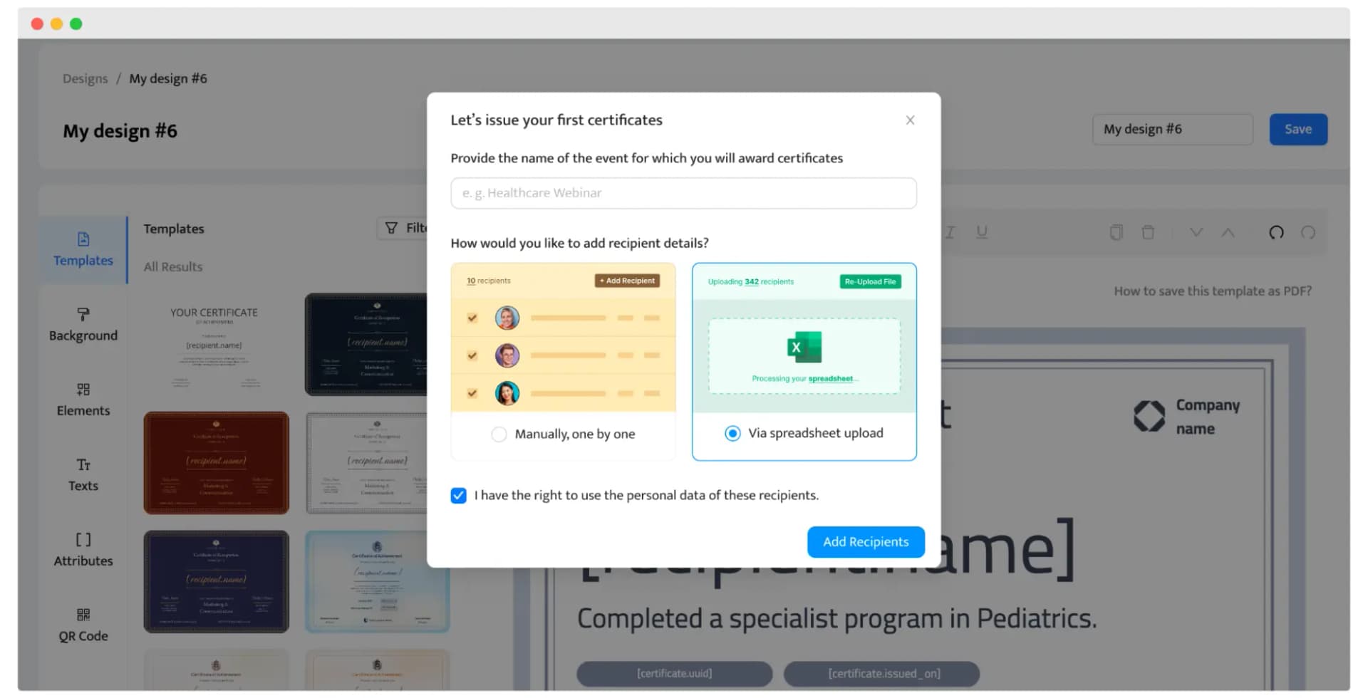 Options pour émettre des certificats personnalisés en utilisant les données des destinataires depuis un fichier CSV dans Certifier, pour créer un diplôme gratuitement.