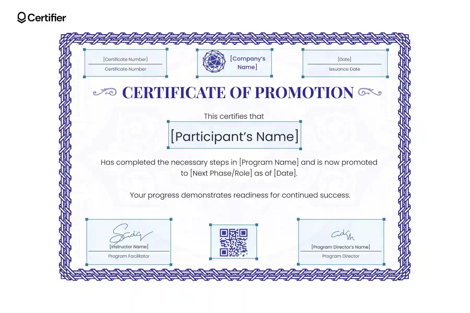 Certificate of promotion template with purple border and two signatures and editable fields.