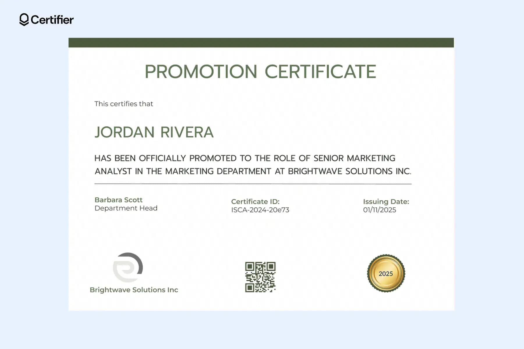 Promotion certificate template free to use with green design elements, QR code, golden seal and more.