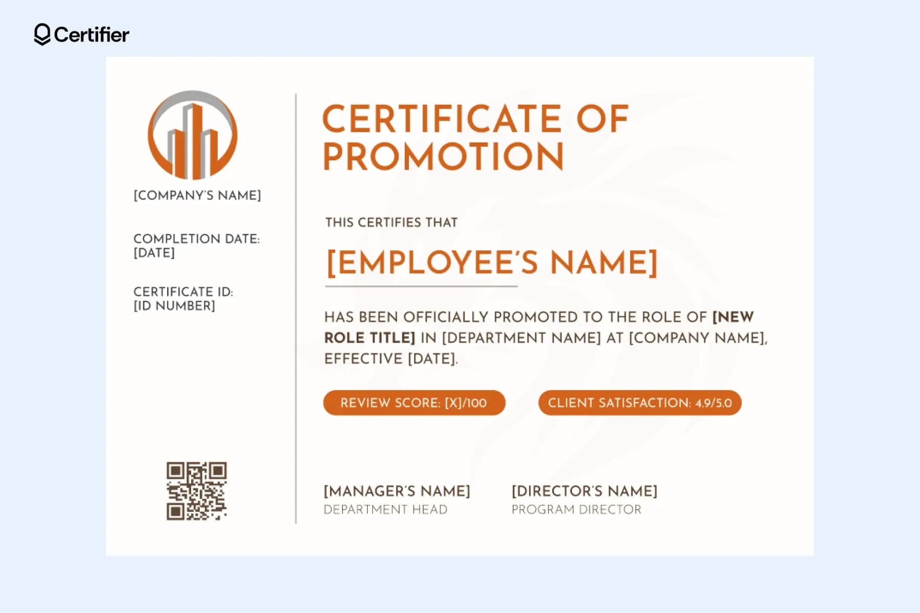 Certificate of promotion template with a structured blue border, ideal for formal and reward use across academic or corporate settings.