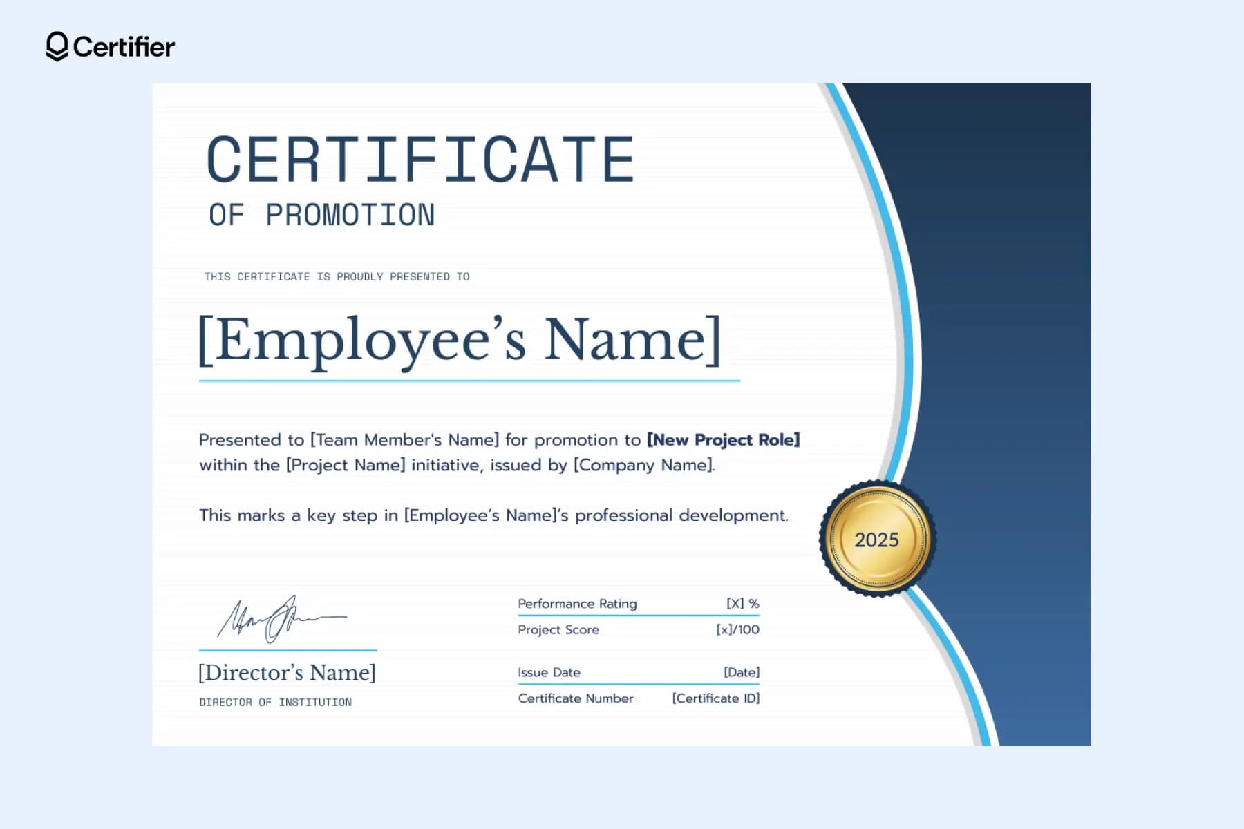 Editable promotion certificate template featuring a curved design layout, used for recognizing internal project advancements.
