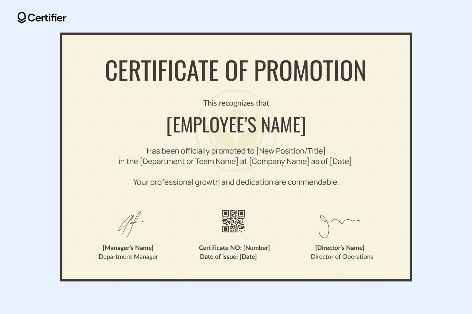 Professional certificate of promotion with a beige background, used for employee role advancement or internal career progression.