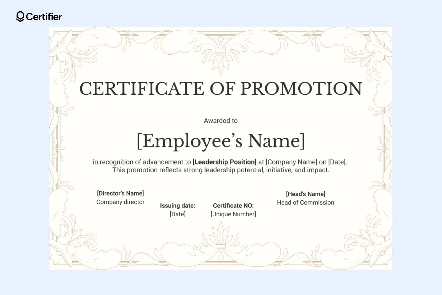Beige promotion certificate template styled for leadership acknowledgments, featuring a classic layout and ample signature space; ready to download.