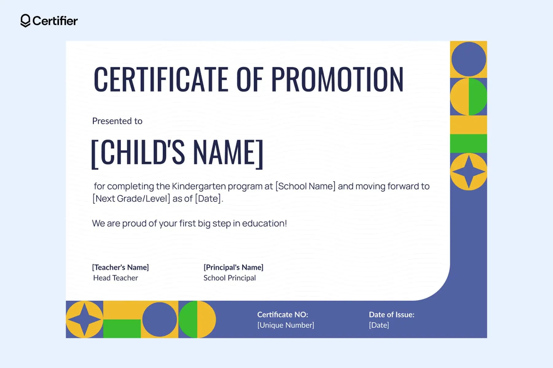 Printable kindergarten promotion certificate template Word with soft colors and child-friendly design for school ceremonies.