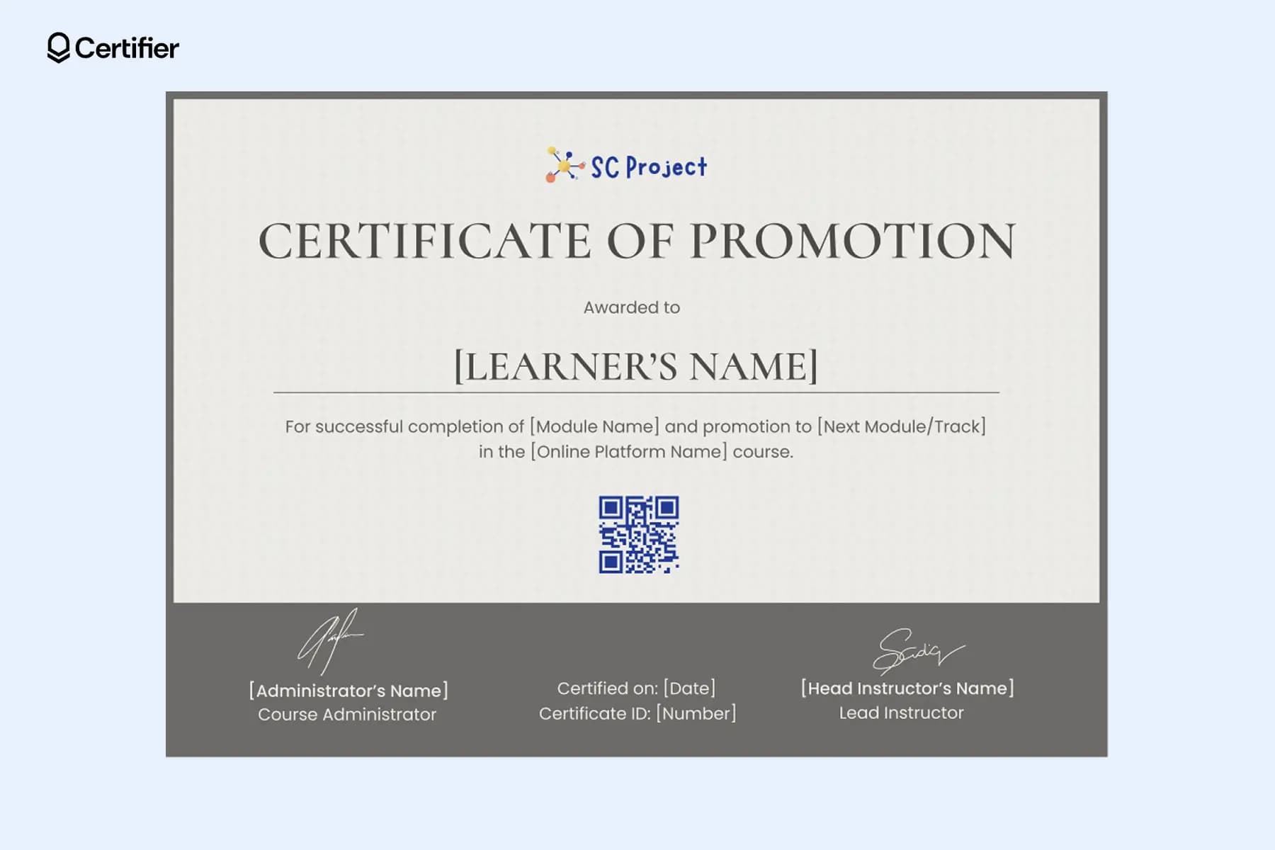 Certificate of promotion template for online courses, with dual signatories and verification elements for remote learning programs