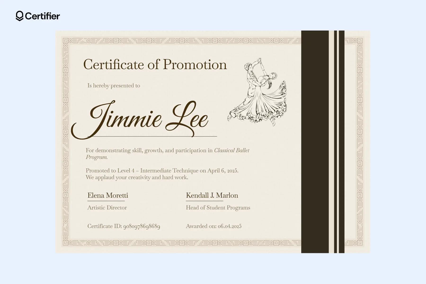 Dance and music certificate of promotion template with elegant graphics and customizable fields for arts programs.
